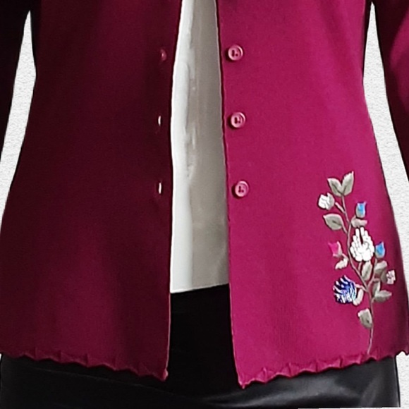 CUE Magenta Cardigan. Hand Embroidered and Beaded Multicolour Flowers - Picture 7 of 9